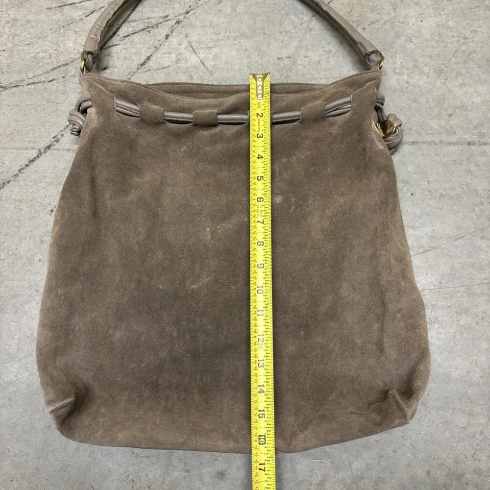 Clare V. Suede Hobo Cinch Drawstring Bag Purse Slouchy Leather Taupe Brown Tan